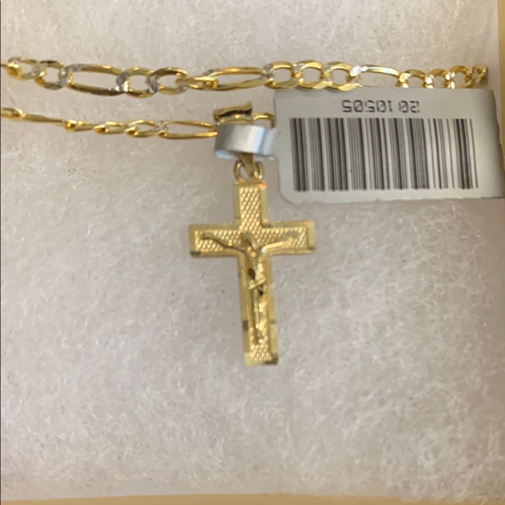 14K Gold crucifix with stainless steel 18”Figaro Chain Necklace